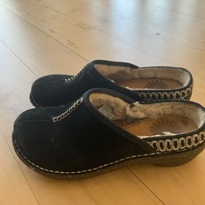 Black swade slip ons, slight heal, cozy lining